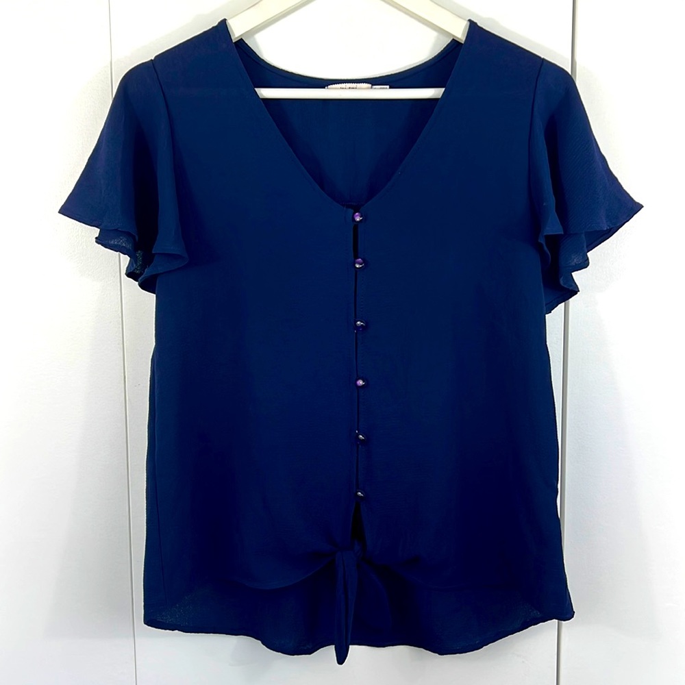 Navy tie front blouse in standard small